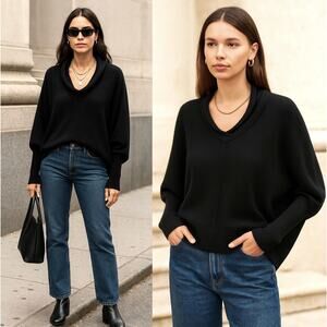 Nili Lotan S Oversized 100% Cashmere Batwing Sweater V Neck Relaxed Fit Black